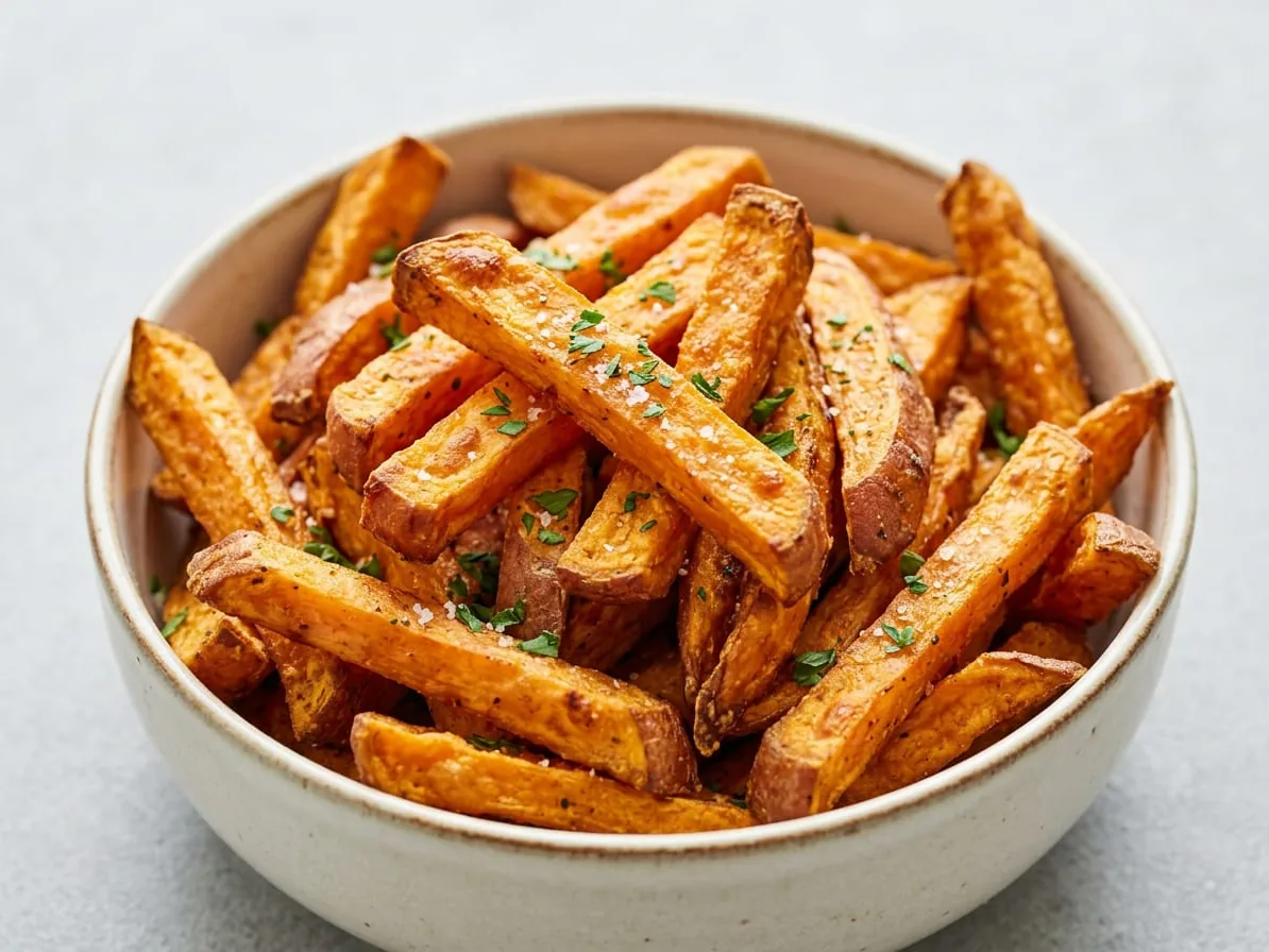 A bowl of seasoned sweet potato wedges sprinkled with chopped herbs and salt.
