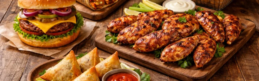 A cheeseburger, grilled chicken wings on a wooden board, and samosas with dipping sauces on a table.