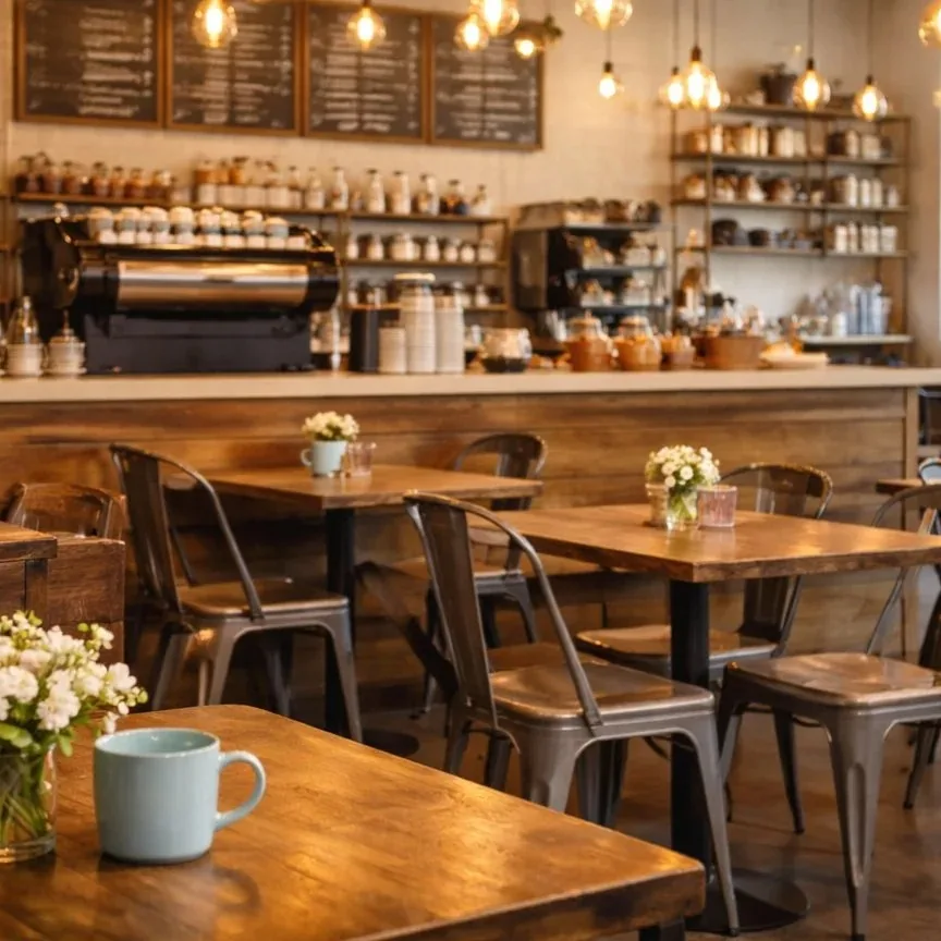 Empty wooden tables and chairs inside a bright cafe with shelves and a counter.