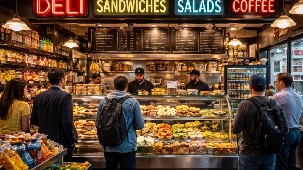Customers standing at a sandwich and salad counter with prepared food displayed behind glass.