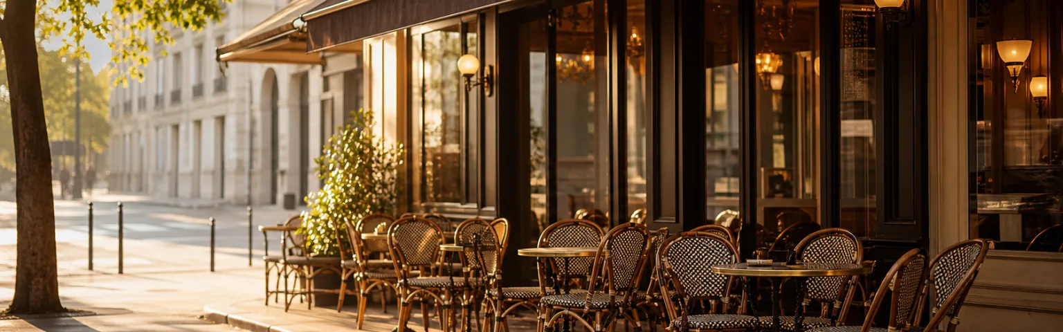 Outdoor cafe seating with wicker chairs and small tables along a street in front of large windows.