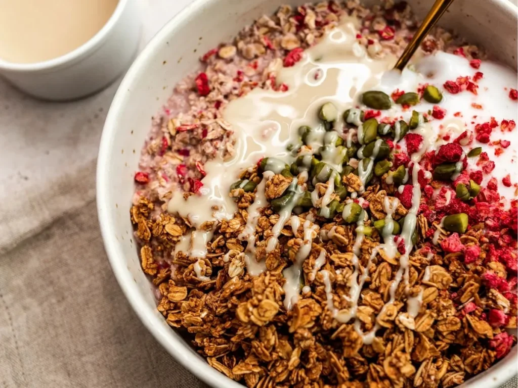 A breakfast bowl of granola and yoghurt topped with berries and pumpkin seeds.