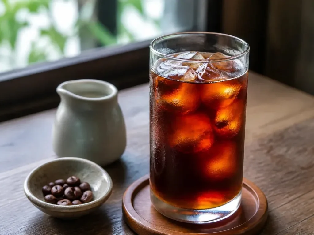 A glass of iced cold drink with ice cubes beside a small jug on a table.