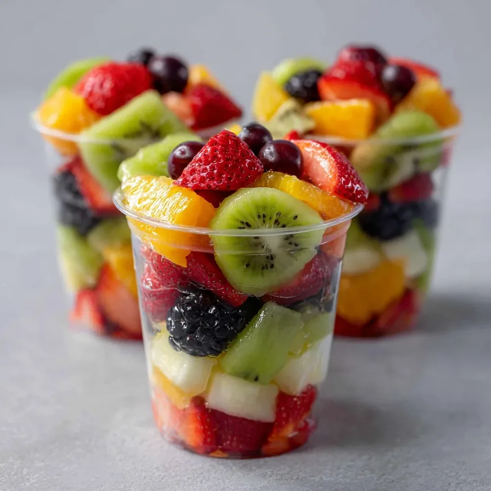 Clear cups filled with colourful mixed fresh fruit, including berries and kiwi.