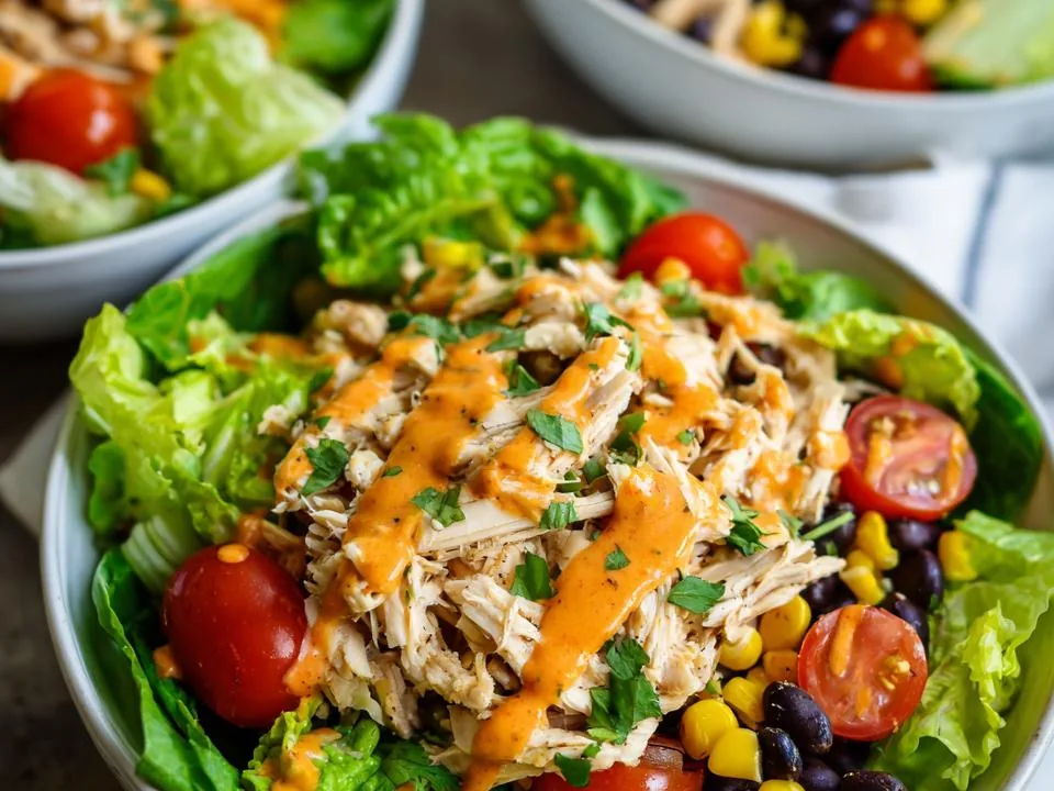 A bowl of salad with leafy greens, sliced chicken, and dressing, with other bowls in the background.