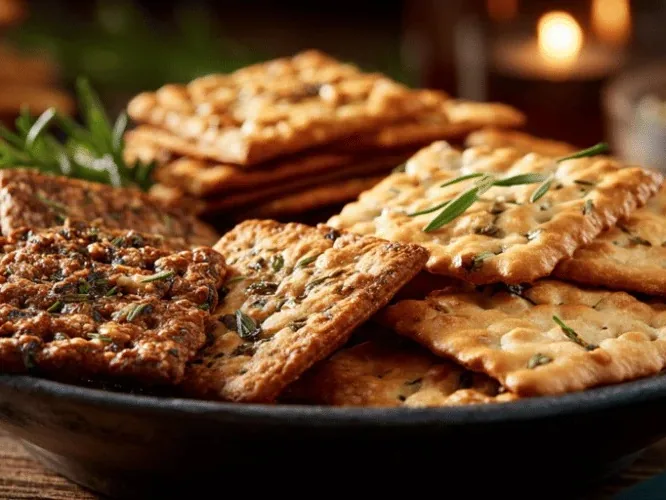 A close-up of stacked savoury crackers and baked snacks.