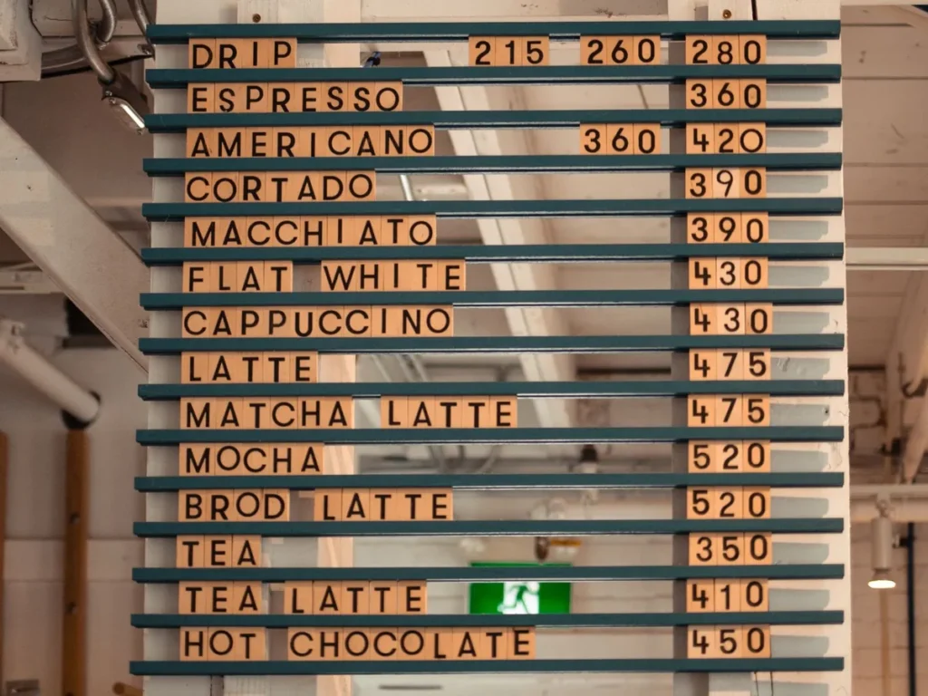 A menu board listing coffee and tea drinks with prices.