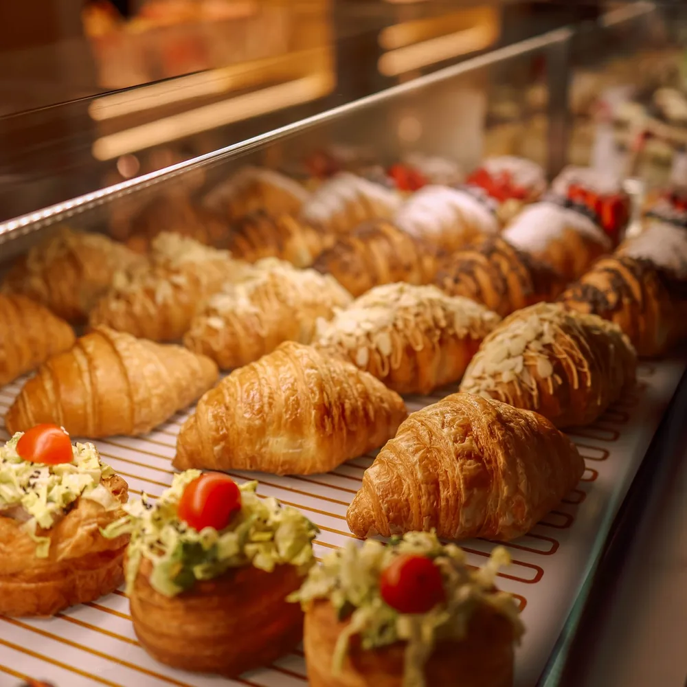 Croissants and savoury pastries topped with salad and cherry tomatoes in a display case.