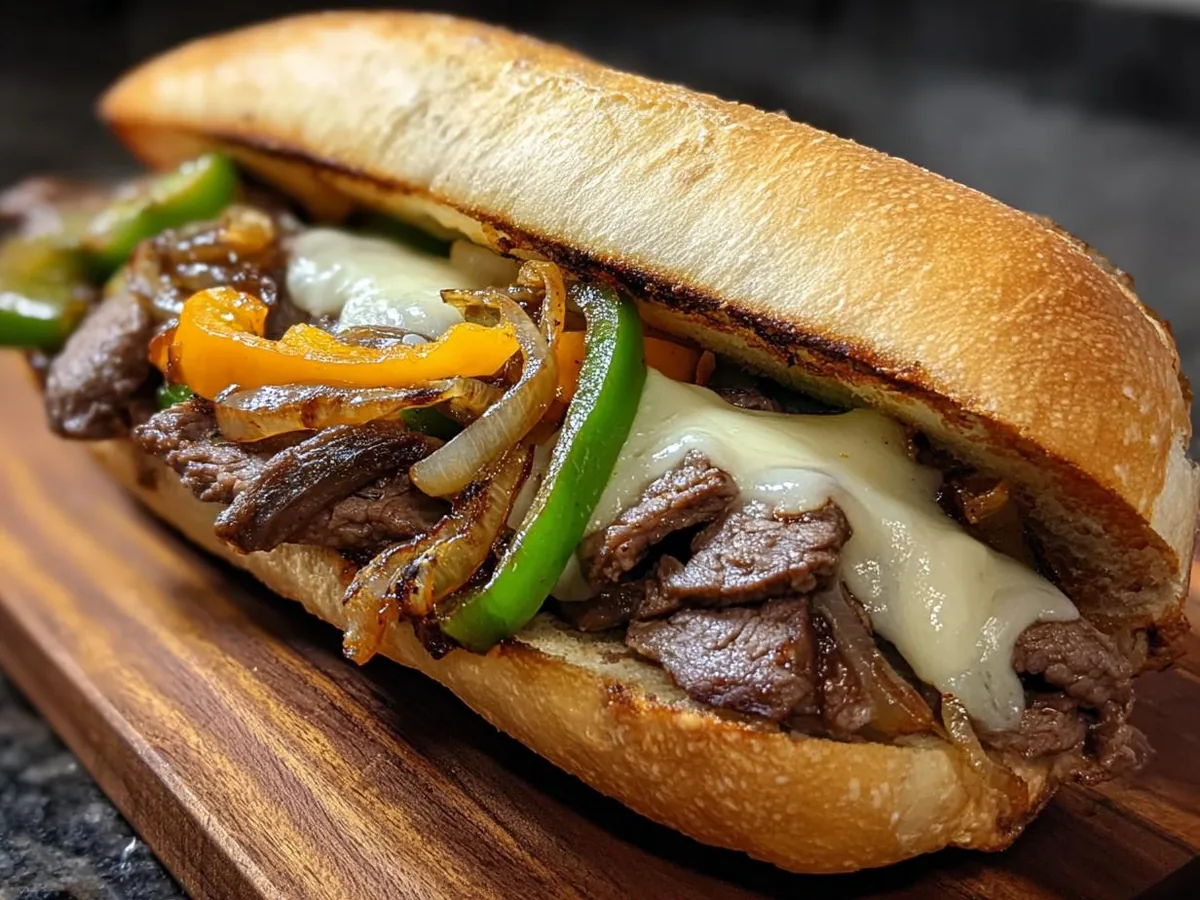 A long roll filled with sliced steak, melted cheese, peppers, and onions.