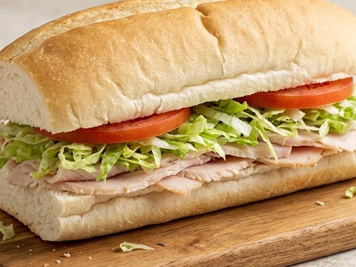 A long roll filled with sliced turkey, shredded lettuce, and tomato on a wooden board.
