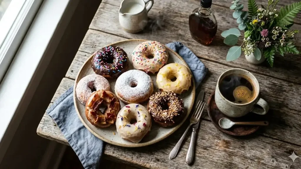 A plate of assorted frosted donuts beside a cup of black coffee on a wooden table.