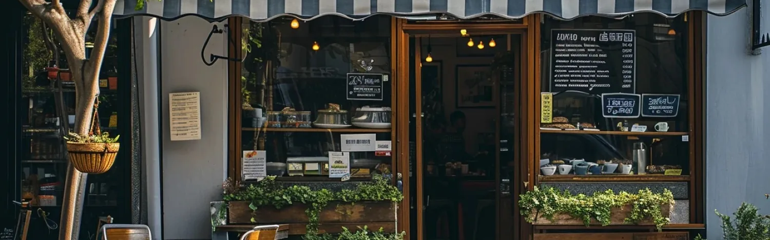 The front of a cafe with large windows, menu boards and plants in the window boxes.