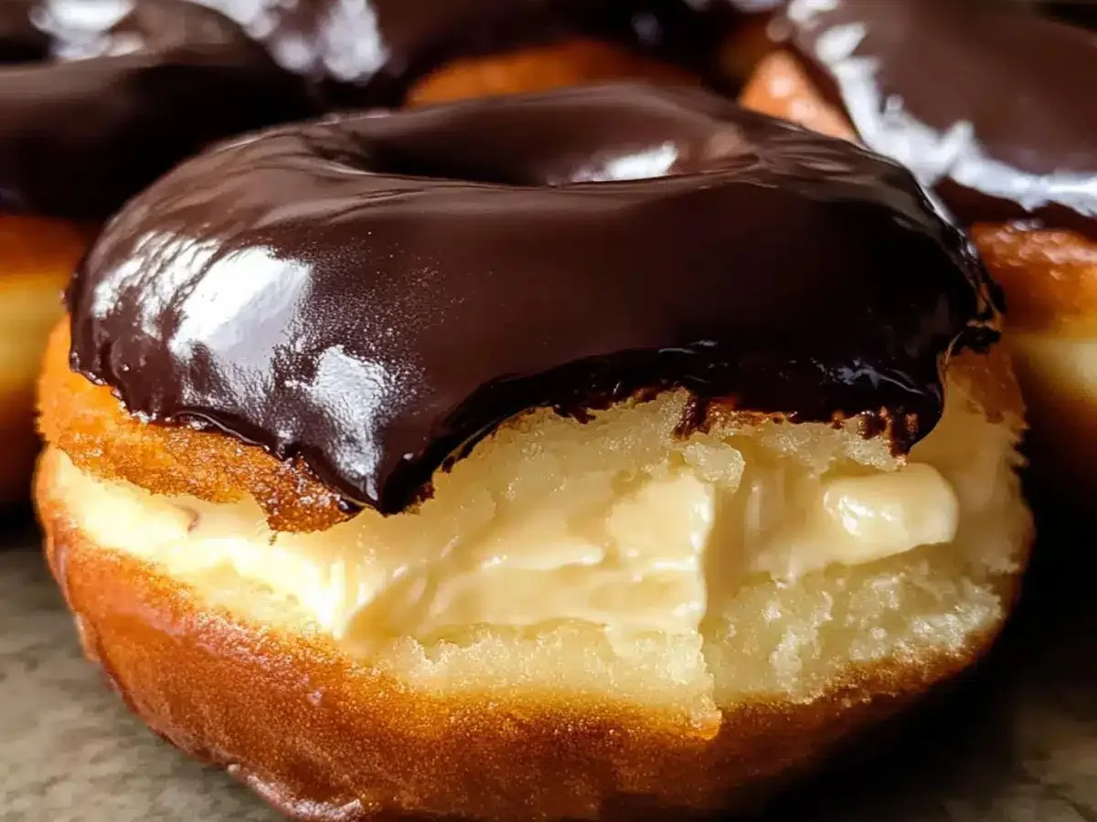 A chocolate-topped donut cut open to show its creamy filling.