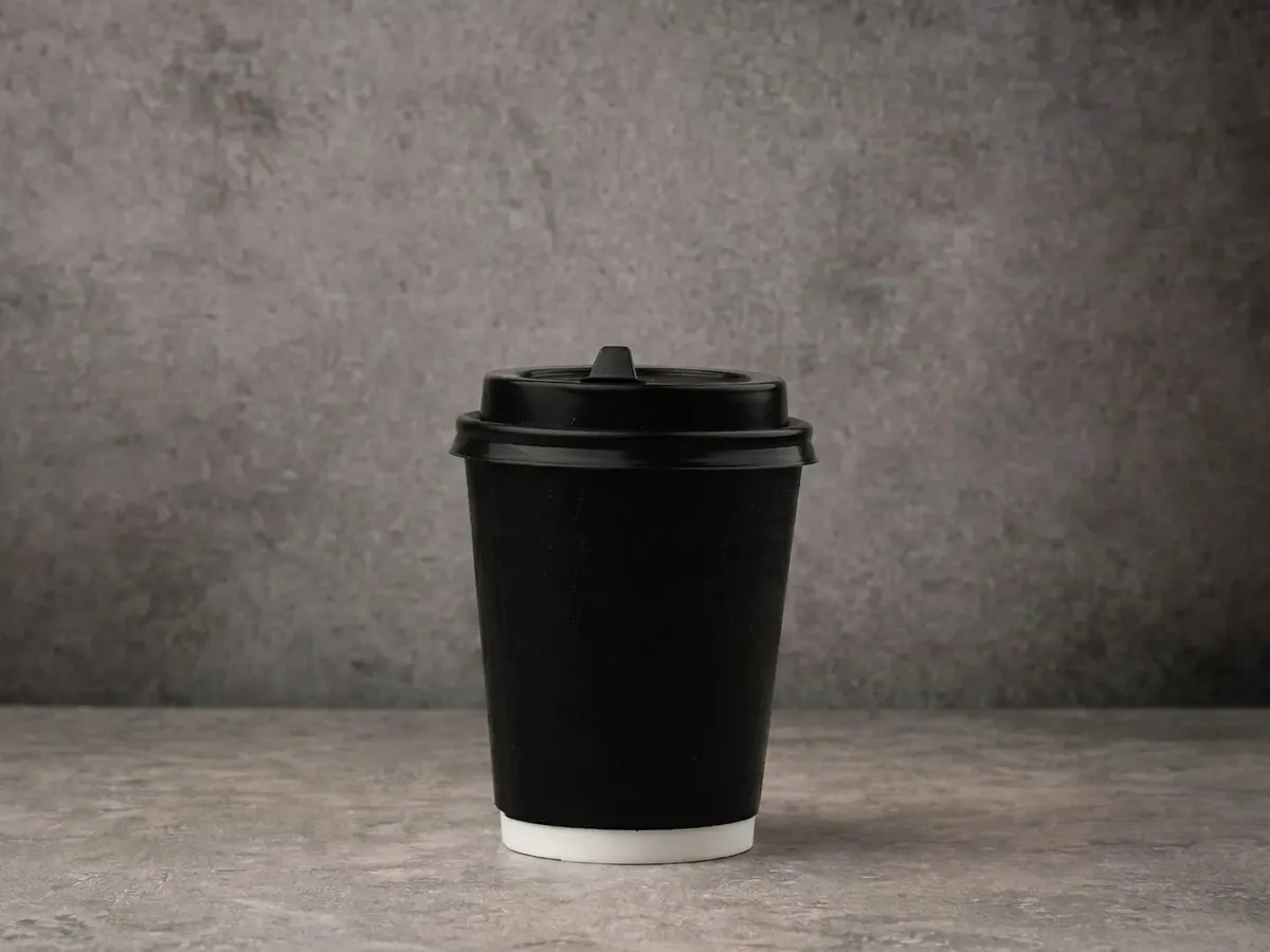 A black takeaway coffee cup with a lid on a gray surface.