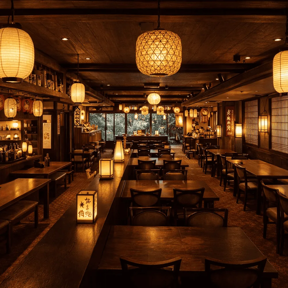 The interior of a restaurant with wooden tables and chairs and hanging paper lanterns.