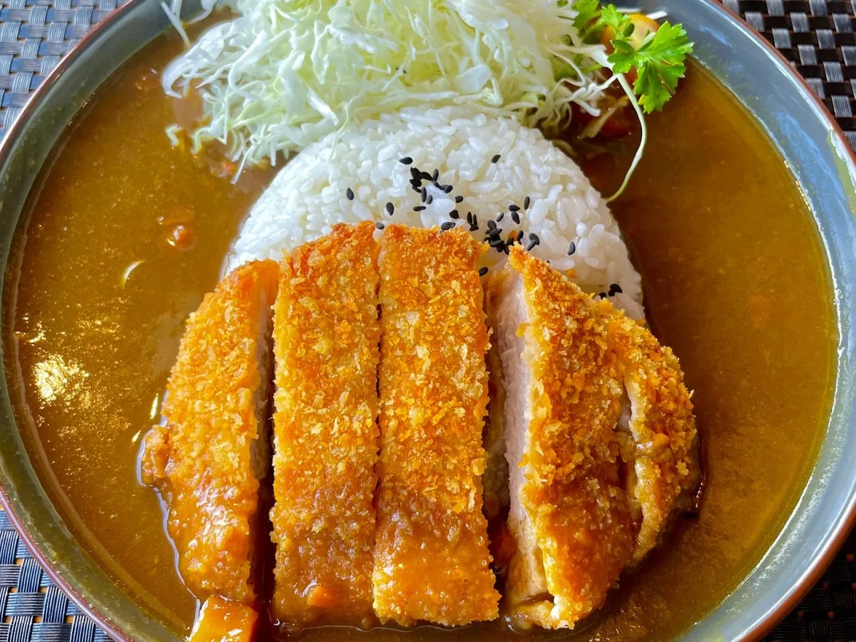 Sliced breaded pork cutlet served with rice, shredded cabbage, and sauce on a plate.