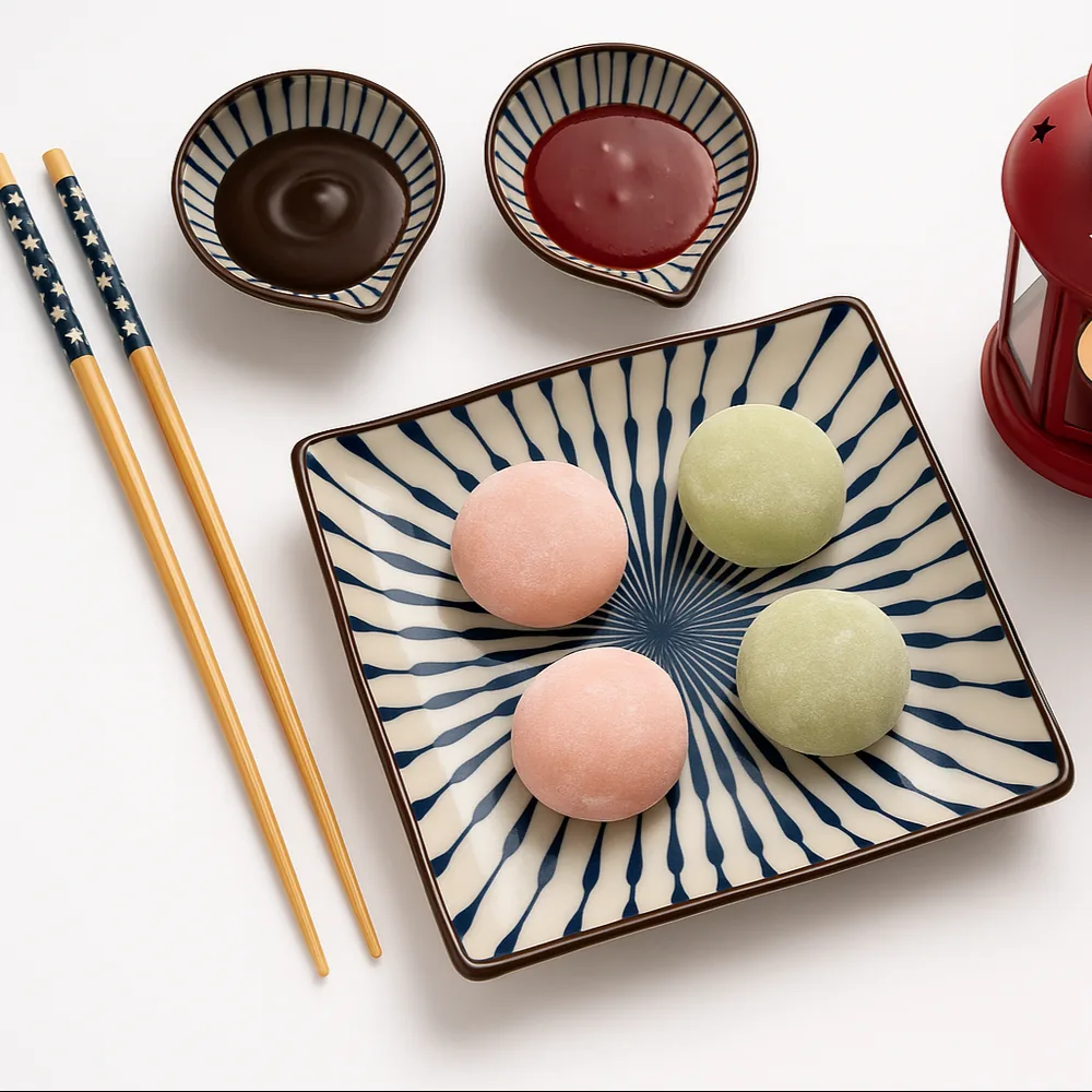 Four round pink and green mochi desserts on a patterned plate with two small bowls of sauce and chopsticks.