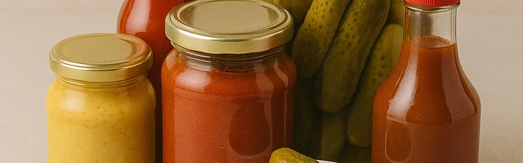 Jars and a bottle of red and yellow sauces beside pickled gherkins.